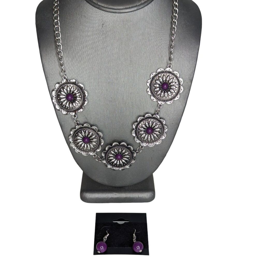 Western Concho Necklace Set W/ Earrings Purple Silver Color Cowgirl Rodeo Dressy